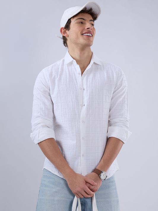 Luxe Pearl White Double Coth Seersucker Checked Shirt