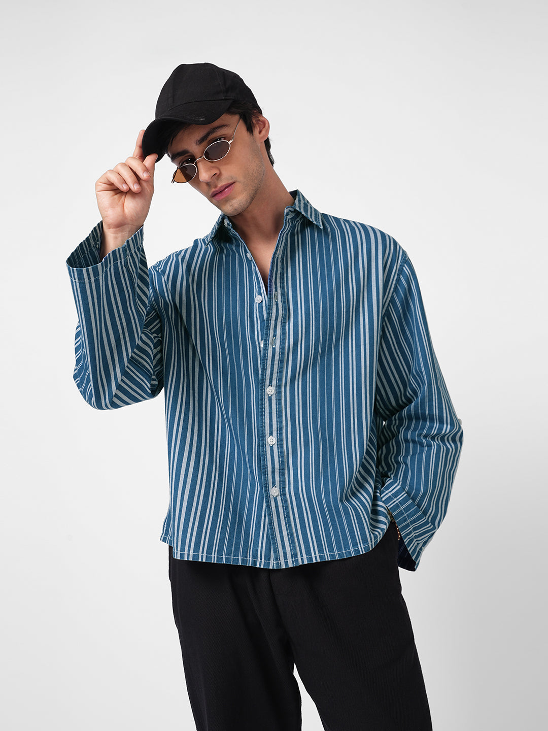 Denim Blue & White Bold Striped Cuffless Oversized Crop Shirt