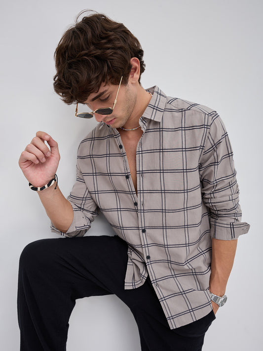 Grey Dimensional Contrast Windowpane Checks Shirt