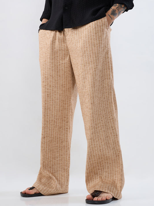 Beige Pinstripe Wide-Leg Trousers