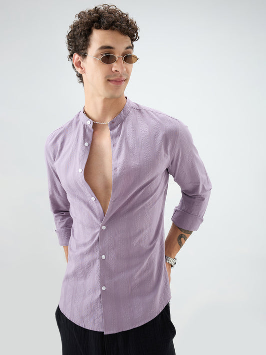 Soft Lavender Seersucker Striped Mandarin Shirt