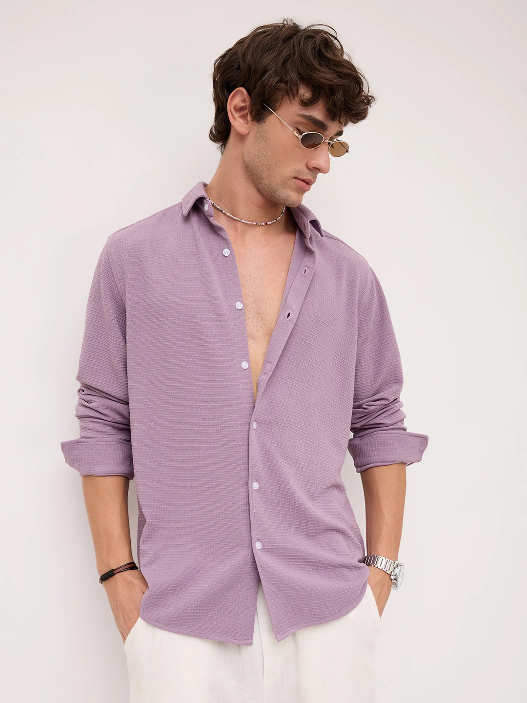 Refined Dusty Lilac Gingham Checks Knitted Shirt