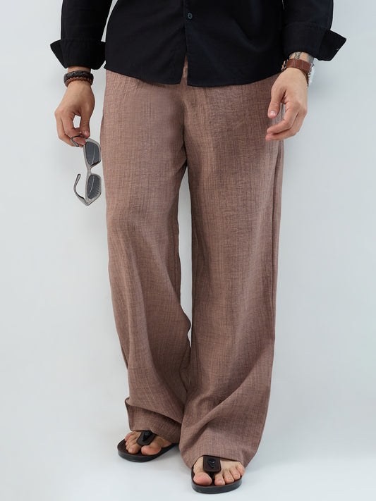 Caramel Brown Slub Textured Wide-Leg Trousers