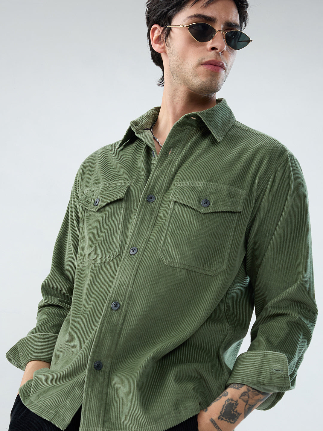 Green Mossline Structured Corduroy Double Pocket Overshirt