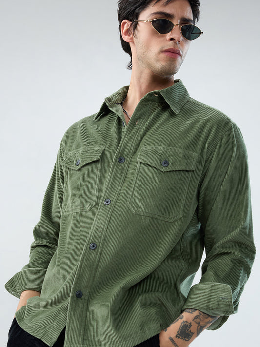 Green Mossline Structured Corduroy Double Pocket Overshirt