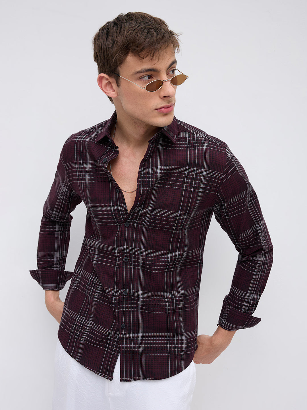 Refined Maroon & White Contrast Checks Shirt