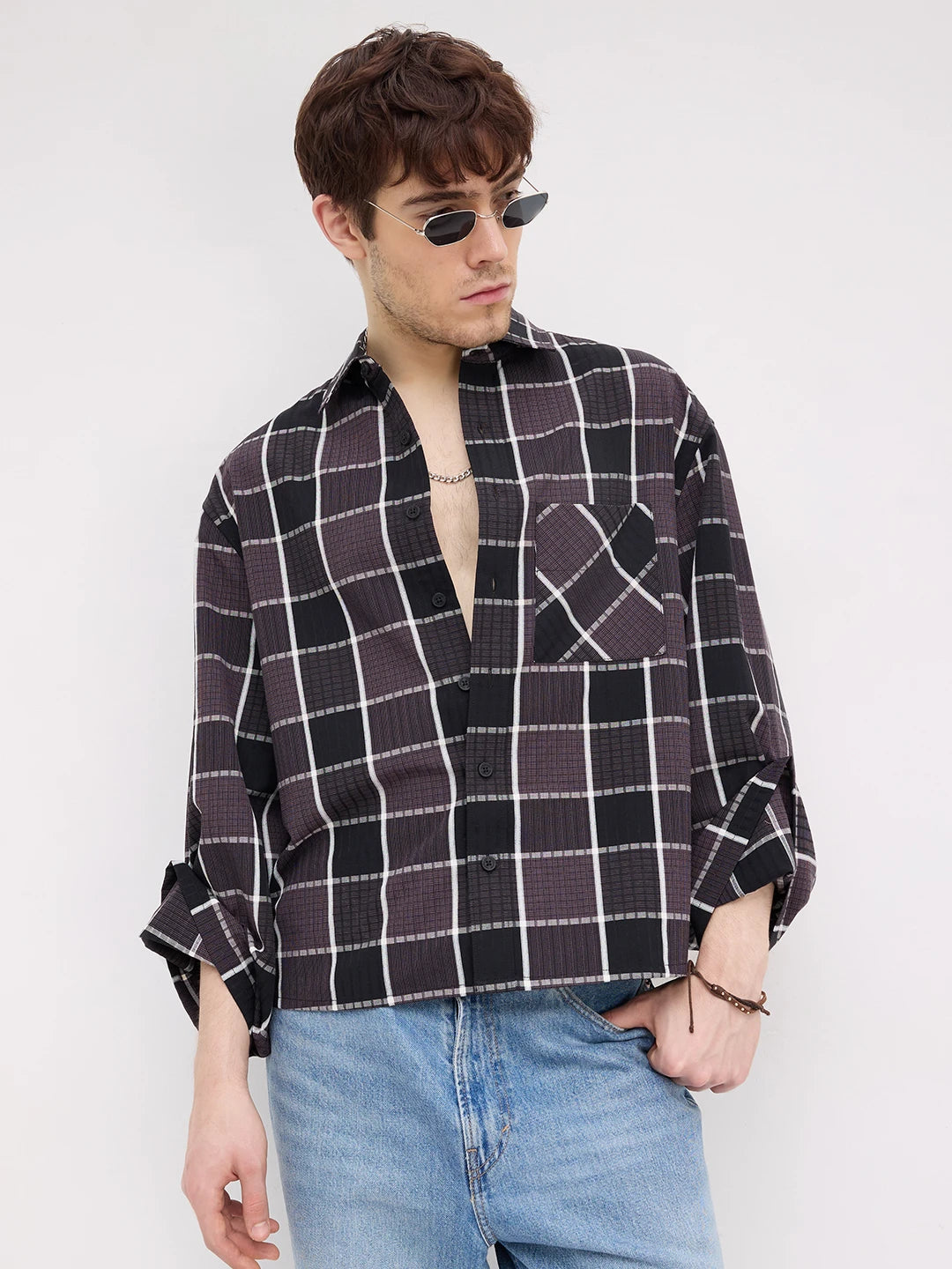 Artisan Esspresso Brown Square Checks Cuffless Oversized Crop Shirt