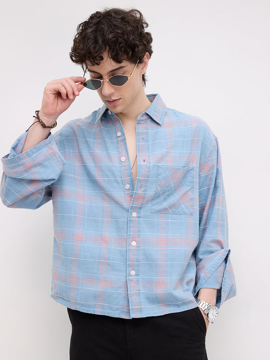 Denim Contrast Square Checks Cuffless Oversized Crop Shirt
