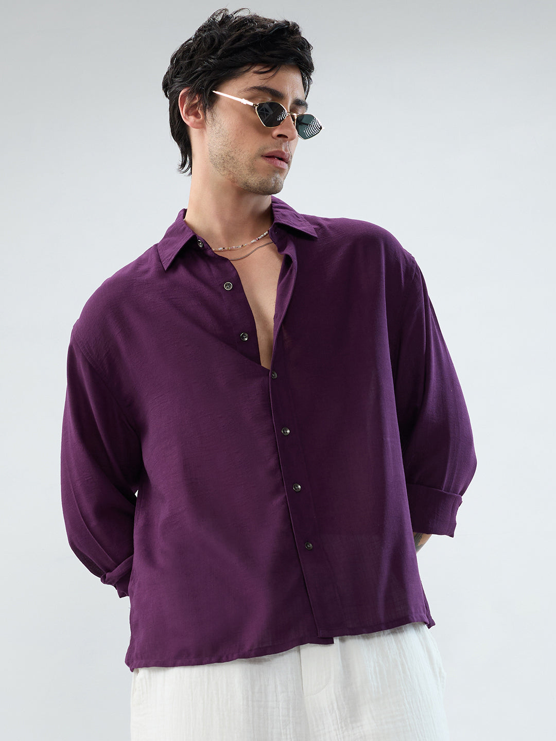 Majestic Purple Soft Sheer Boxy Fit Crop Shirt