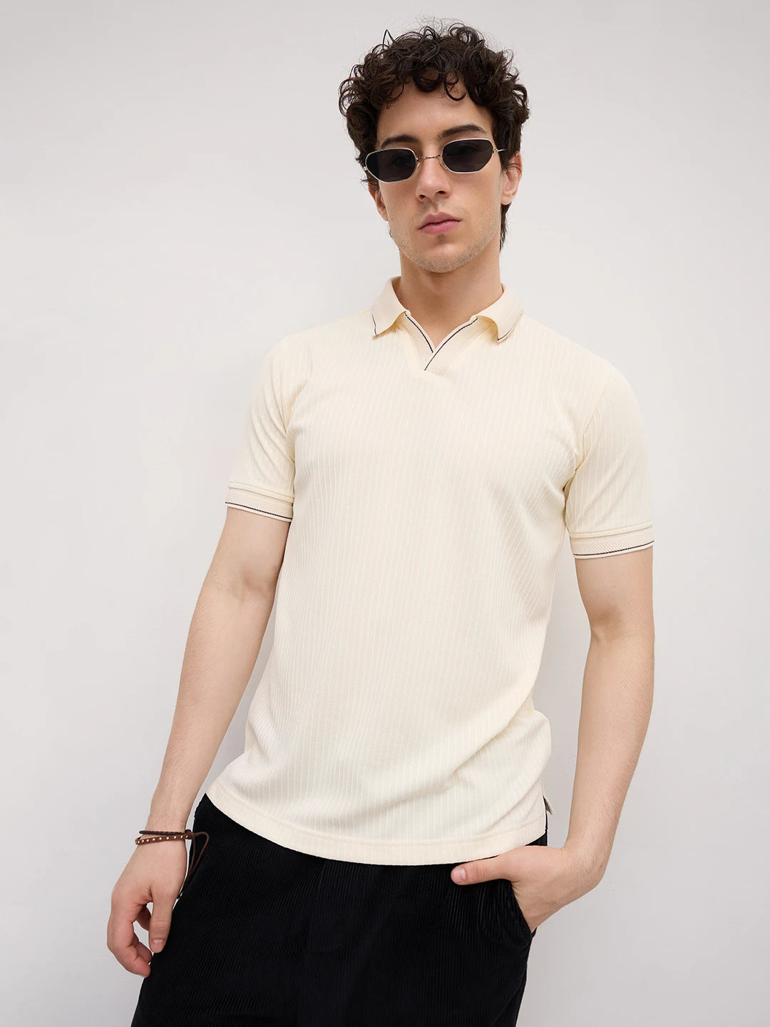 Elite Cream Pinstripe Weave Polo Tee