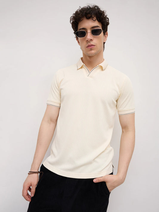 Elite Cream Pinstripe Weave Polo Tee