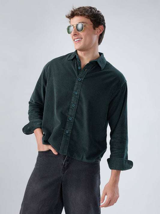 Sacremento Green Corduroy Boxy Fit Crop Shirt