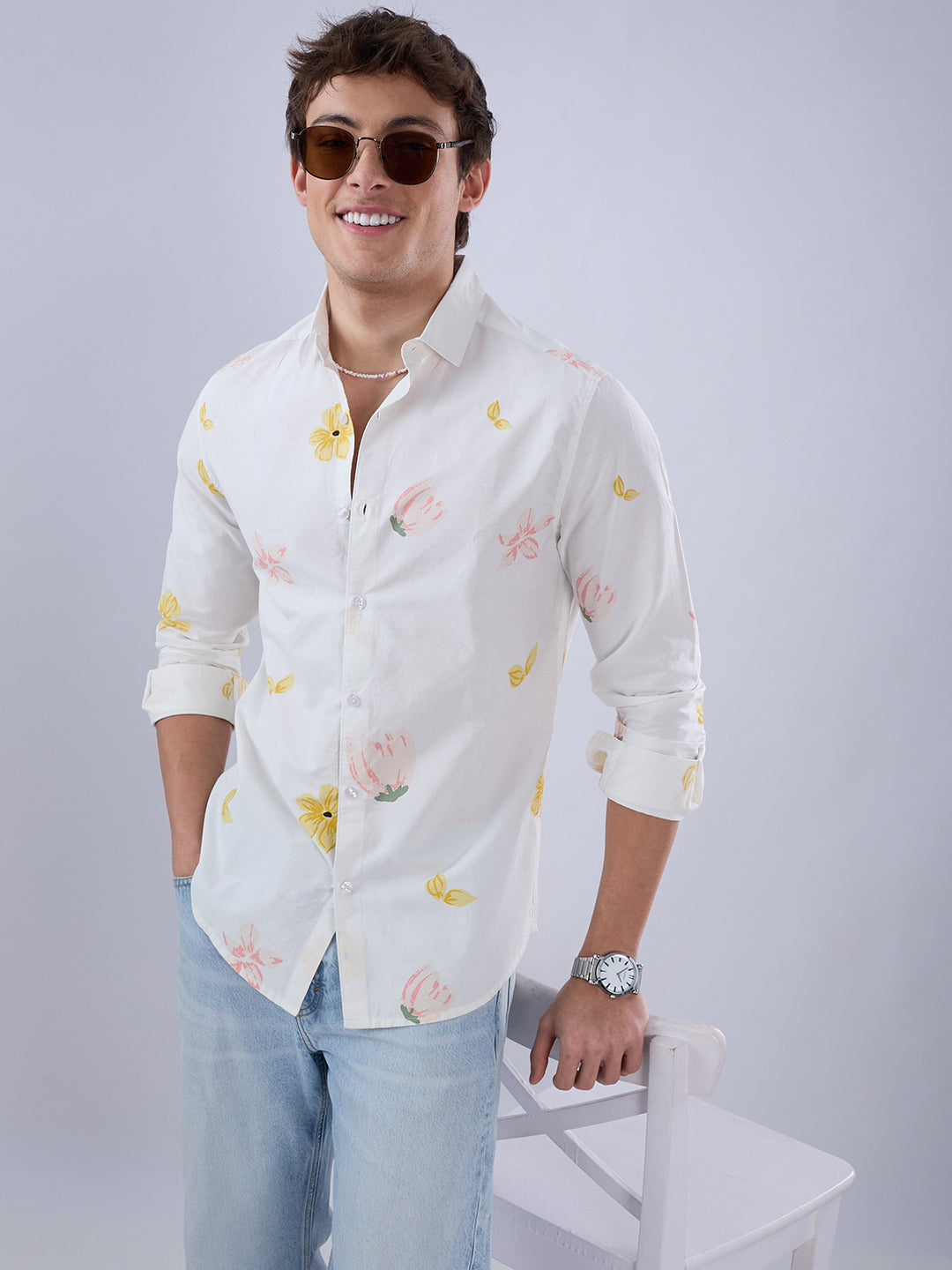 White Tulips Printed Vacation Shirt