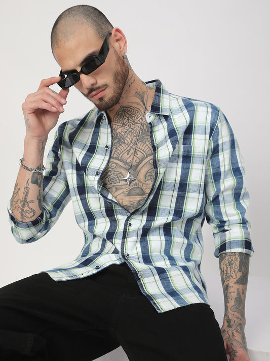 Denim Green & Navy Plaid Checks Shirt