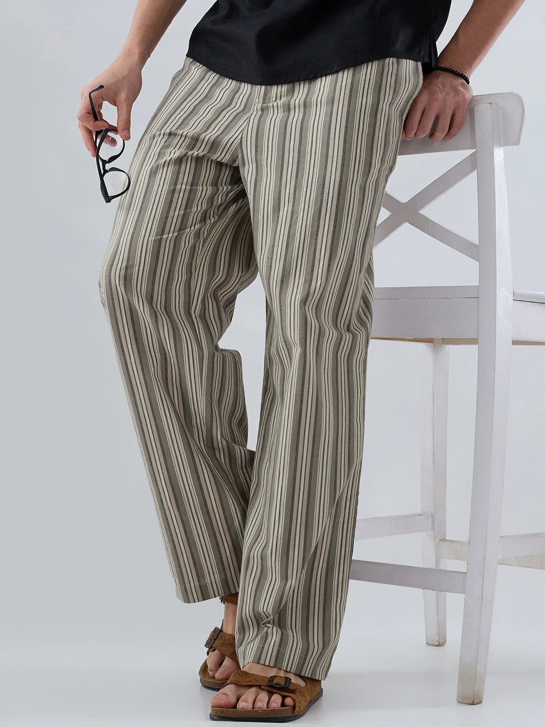 Olive Contrast Striped Wide Leg Trousers
