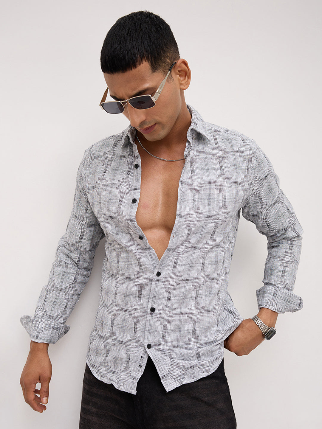 White Glitch Micro Check Matrix Everyday Shirt