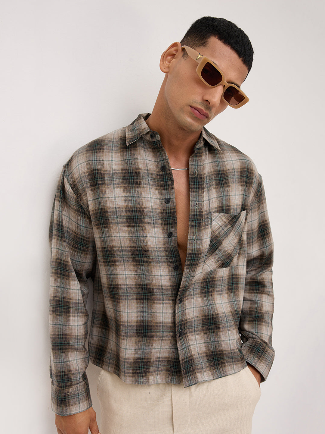 Shadow Grid Checks Multi Weave Boxy Fit Crop Shirt