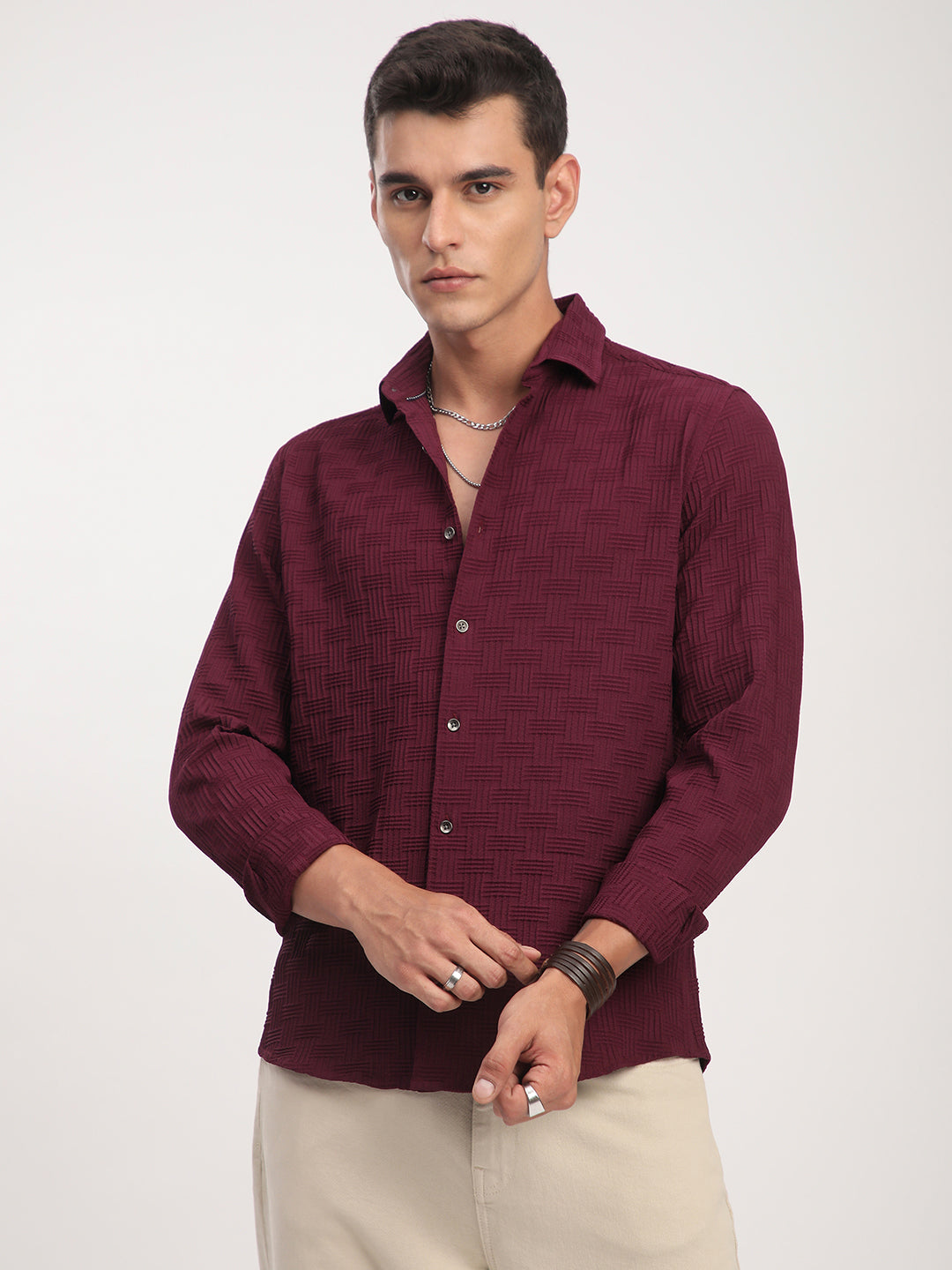 Wine Self Design Textured Shirt