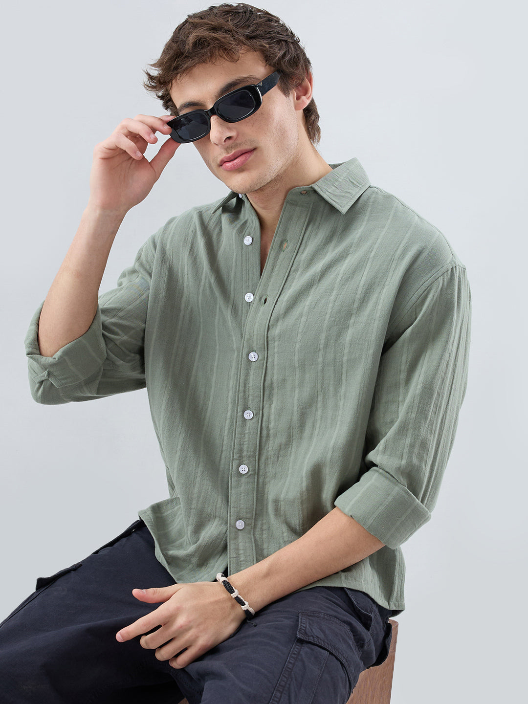 Forest Green Double Cloth Striped Boxy Fit Crop Shirt