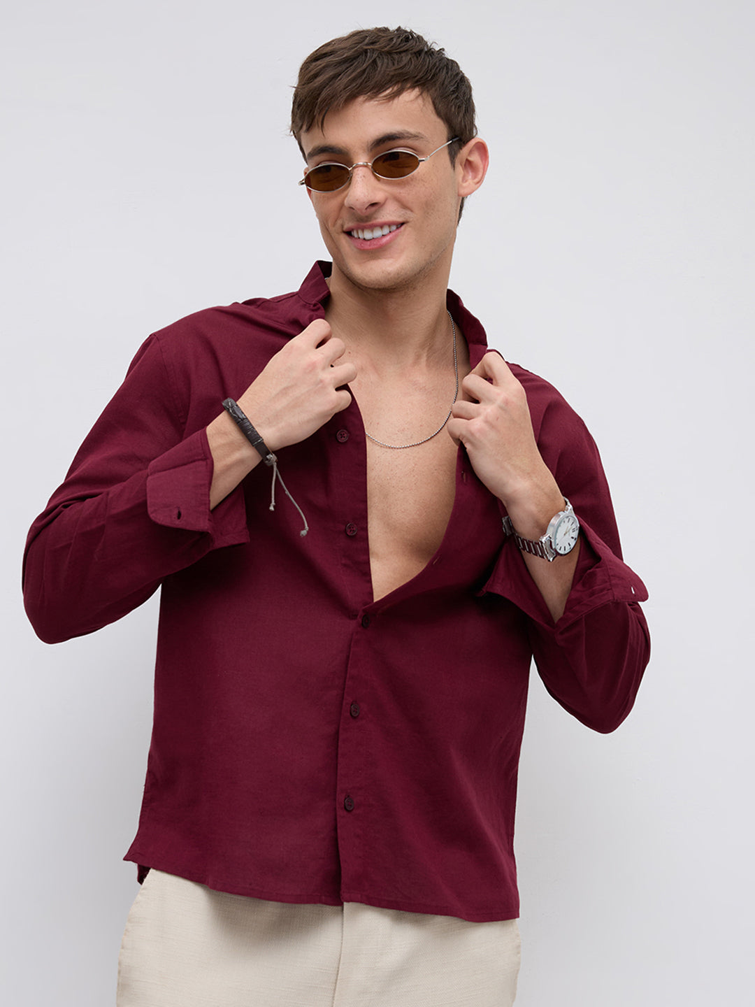 Deep Maroon Linen Blend Stand Collar Oversized Shirt