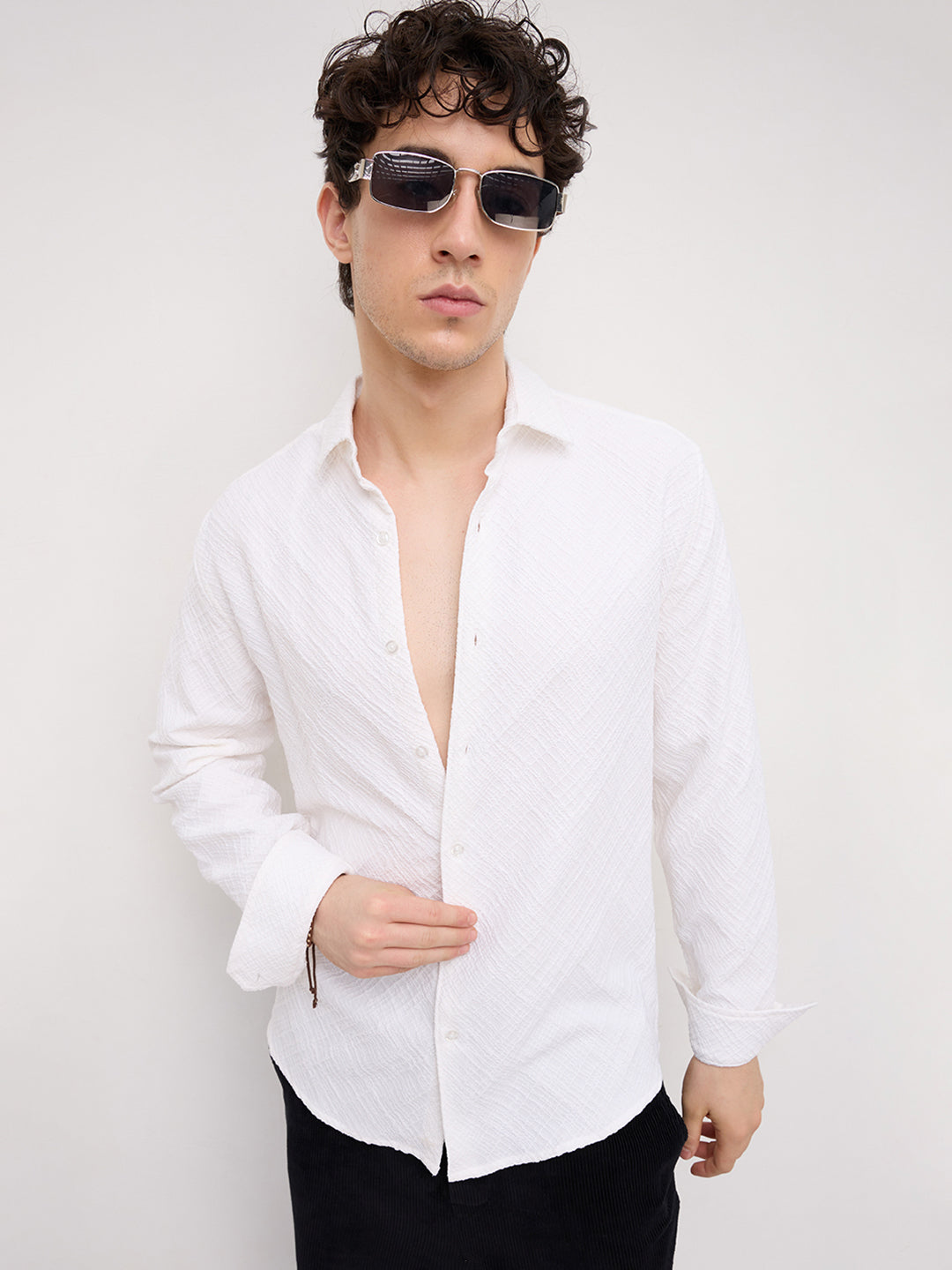 White Diamond Lattice Weave Textured Shirt