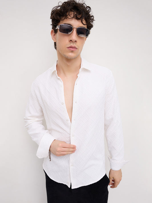 White Diamond Lattice Weave Textured Shirt