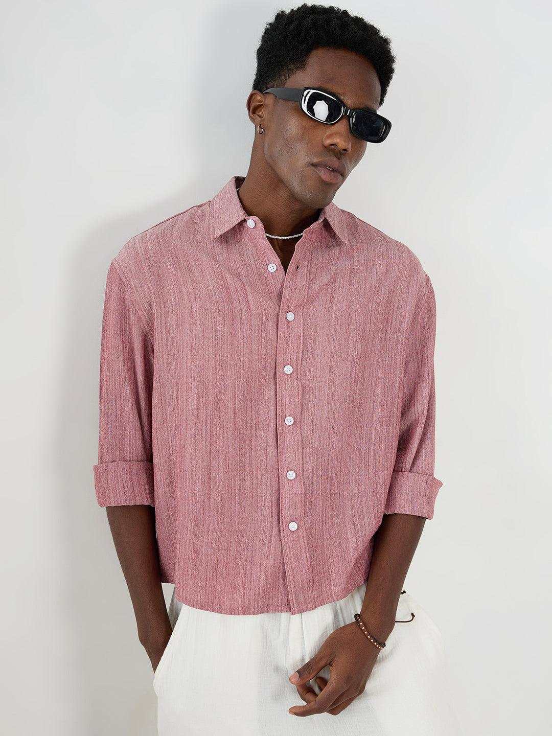 Elegant Brick Red Textured Boxy Fit Crop Shirt