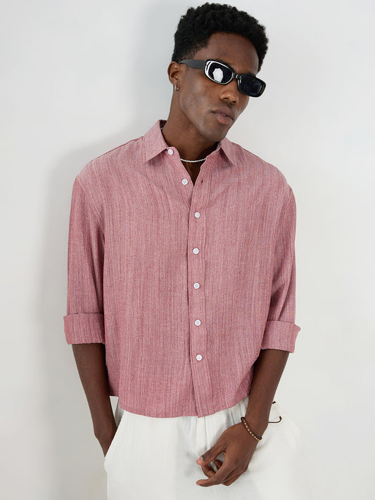 Elegant Brick Red Textured Boxy Fit Crop Shirt