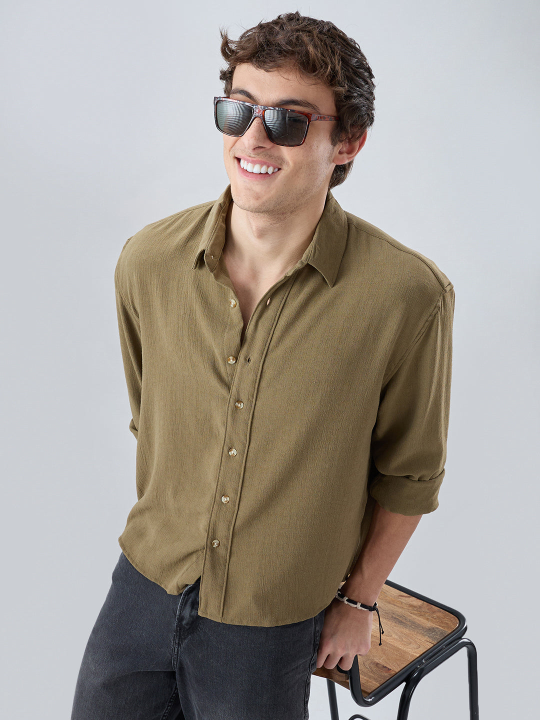 Pickle Olive Textured Boxy Fit Crop Shirt