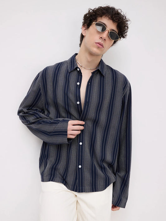 Navy Coastal Night Cuffless Oversized Shirt