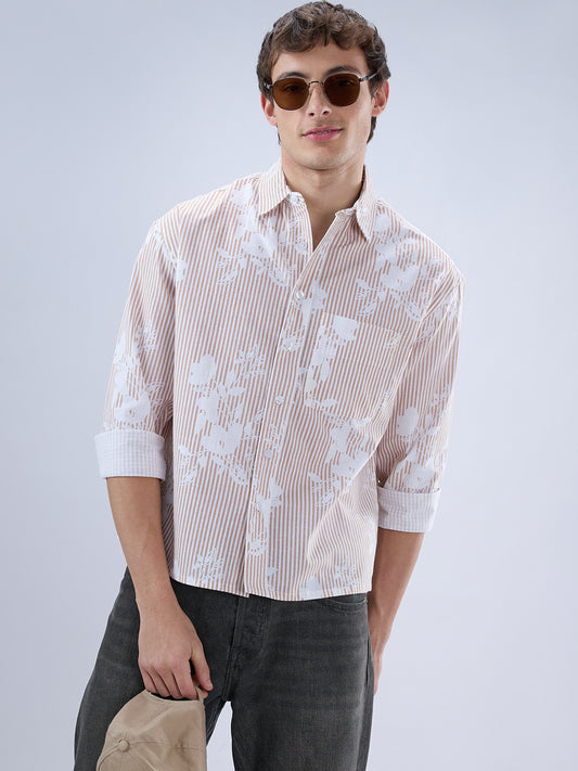 Brown & White Contemporary Floral Boxy Fit Crop Shirt