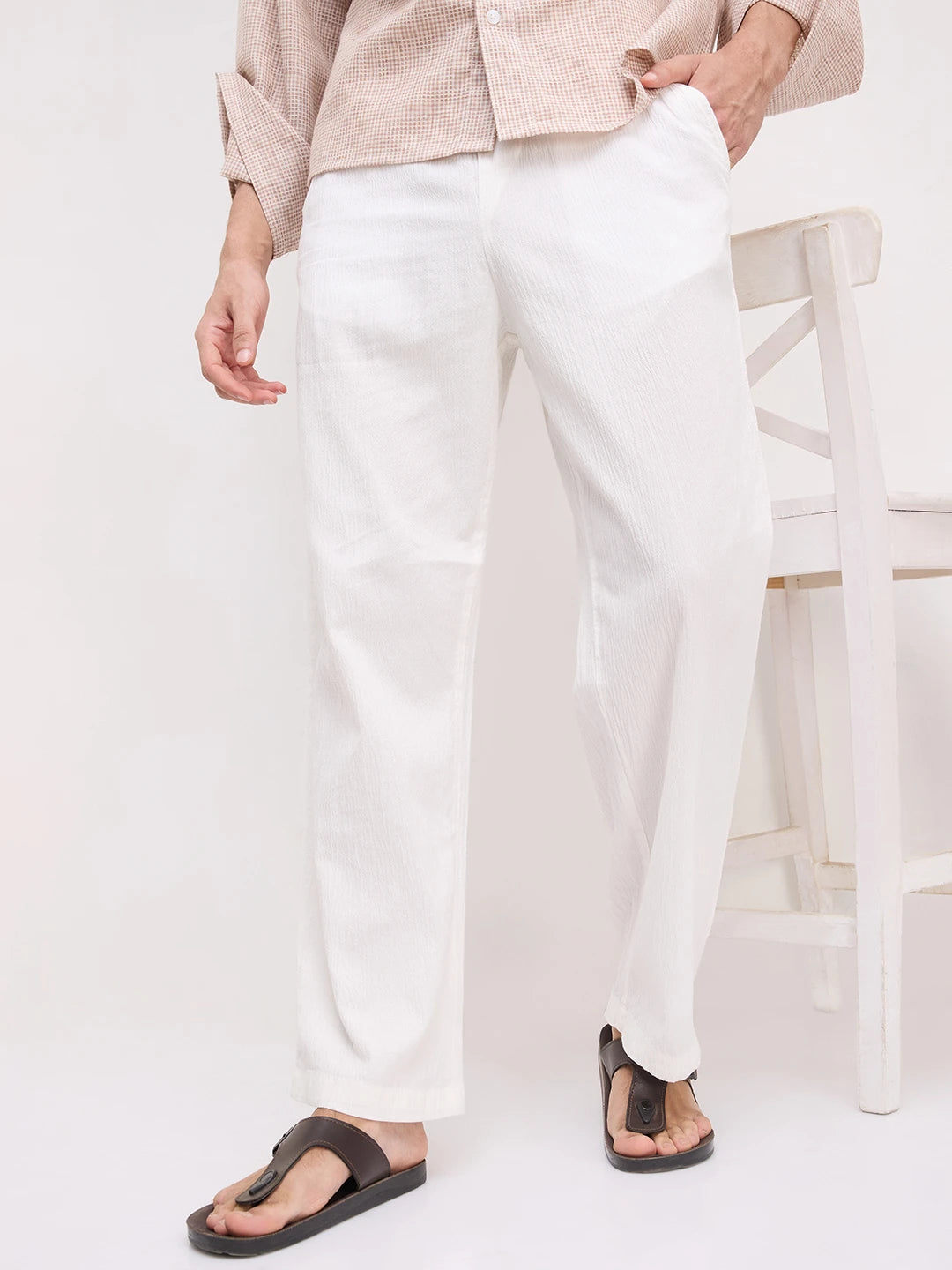 White Breezy Textured Straight Fit Trousers