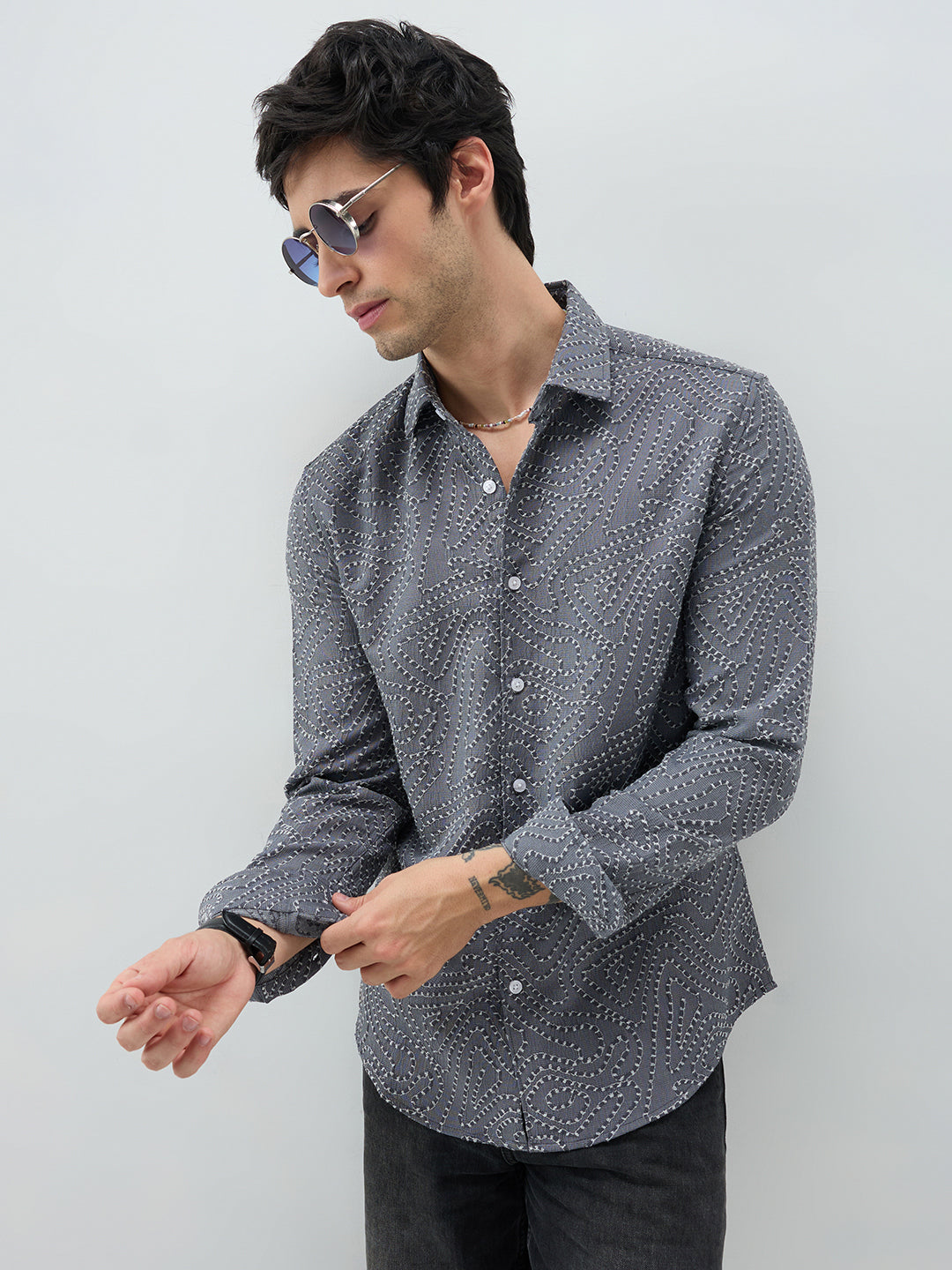 Ornate Charcoal Grey Ornamental Raised Stitch Shirt