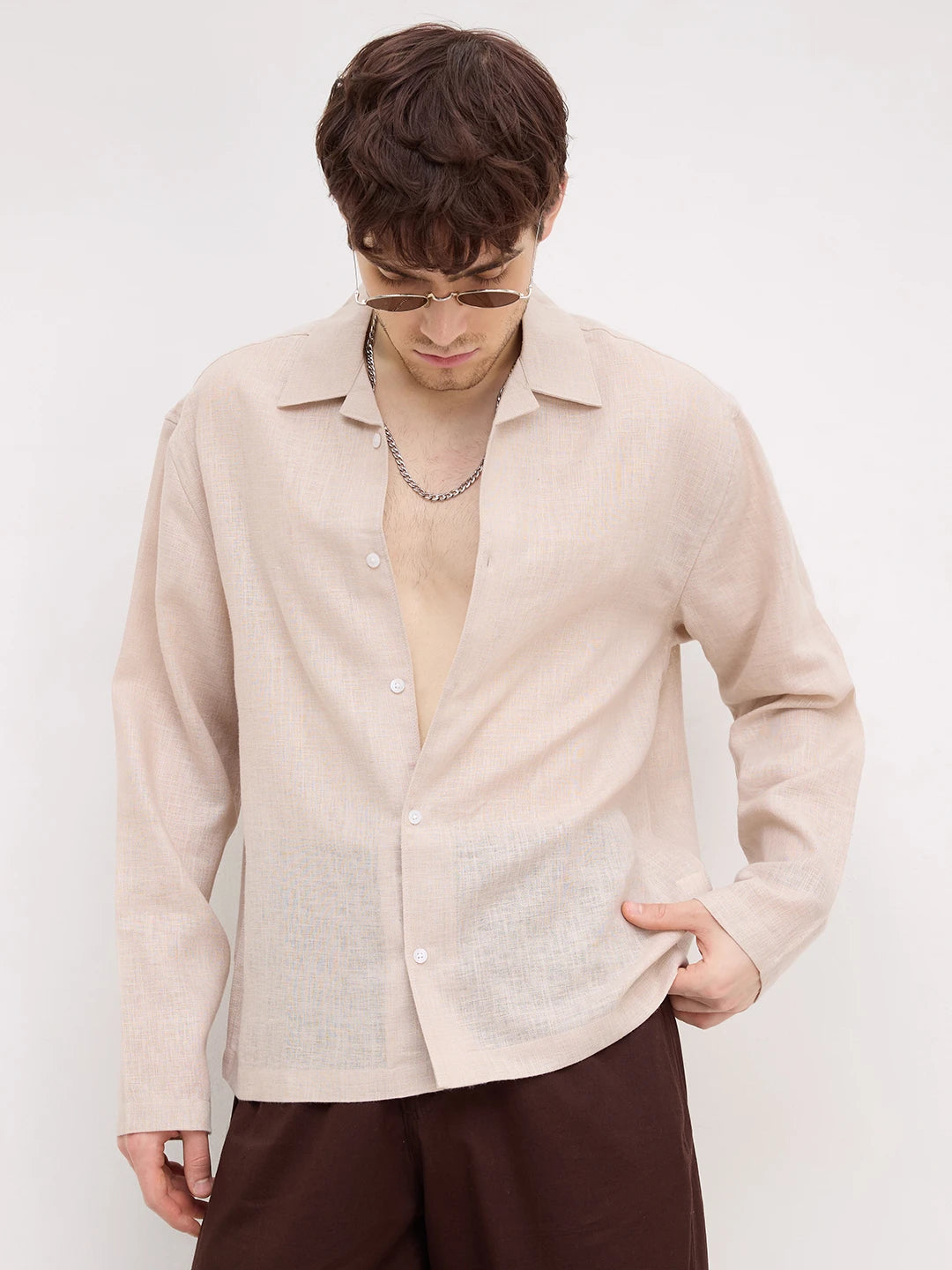 Soft Khaki Sheer Textured Notch Collar Oversized Vacation Shirt