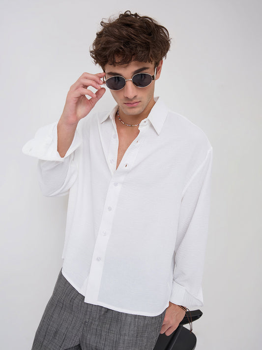Snow White Crinkled Boxy Fit Crop Shirt