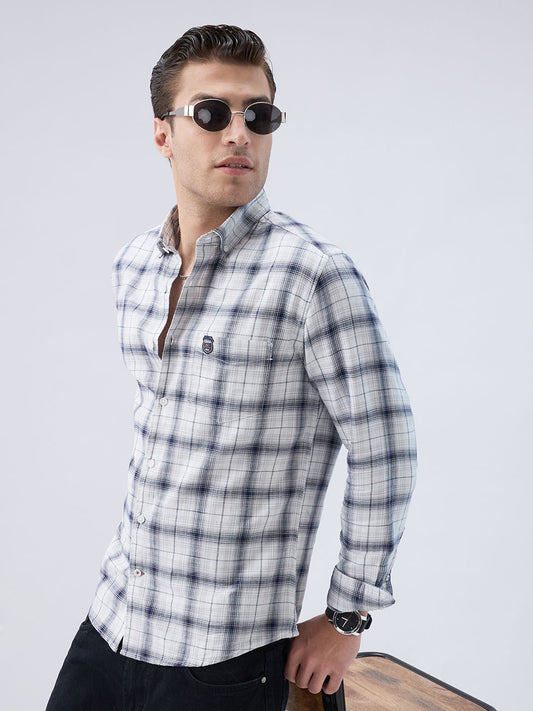 Monochrome Plaid Checks Button-Down Collar Shirt