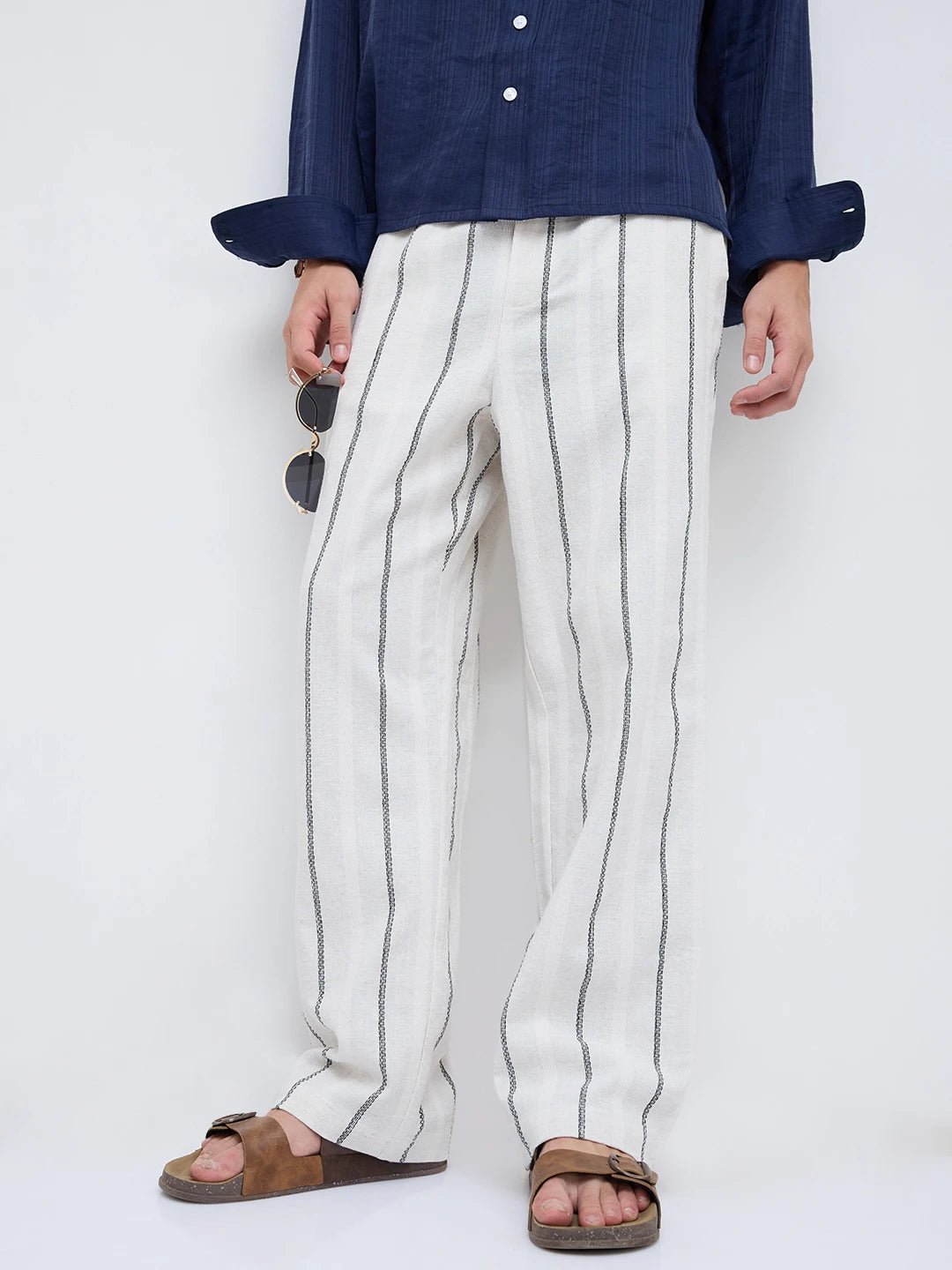Artisan Off-White Wavy Striped Straight Fit Trousers