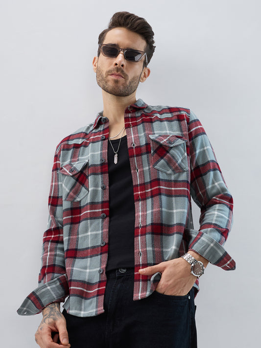 Grey & Red Tartan Checked Double Pocket Flannel