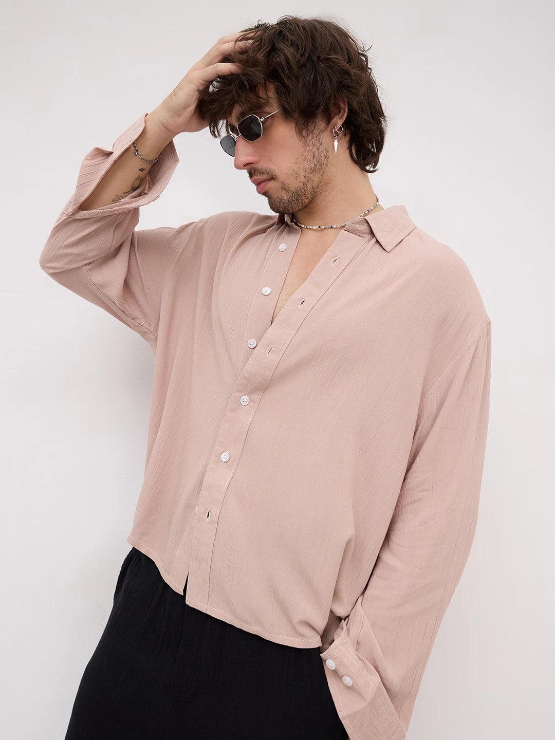 Warm Beige Crepe Textured Boxy Fit Shirt