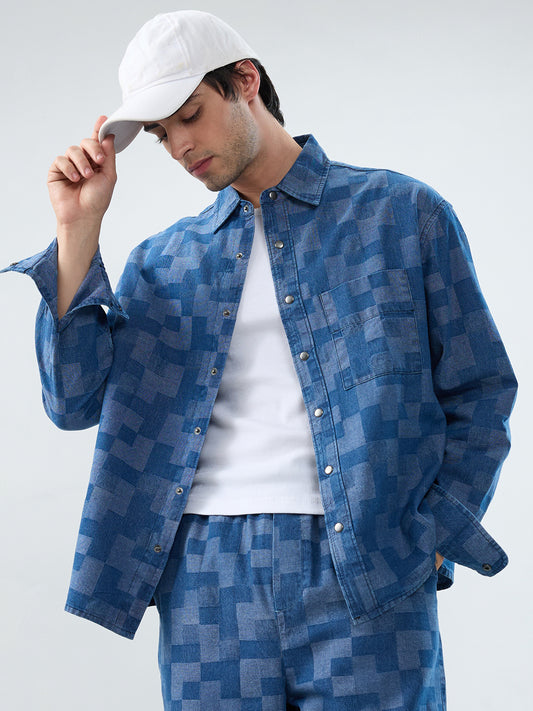 Elegant Denim Patch Block Checks Boxy Fit Crop Shirt