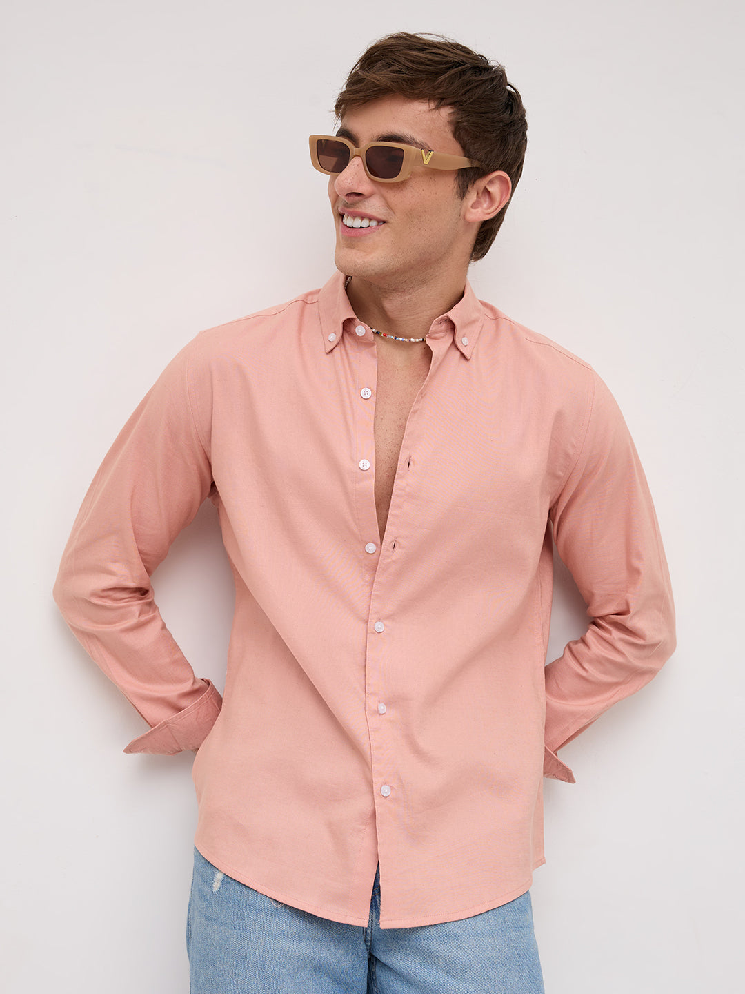Pearl Pink Oxford Linen Blend Button-Down Collar Shirt