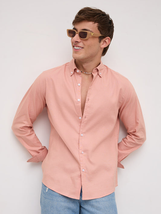 Pearl Pink Oxford Linen Blend Button-Down Collar Shirt