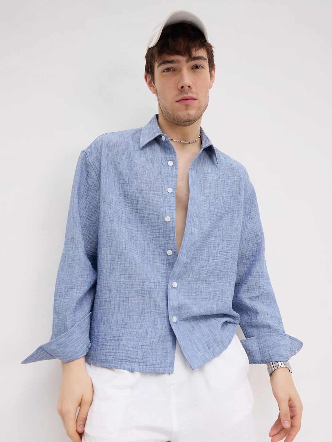 Royal Blue Textured Boxy Fit Crop Shirt