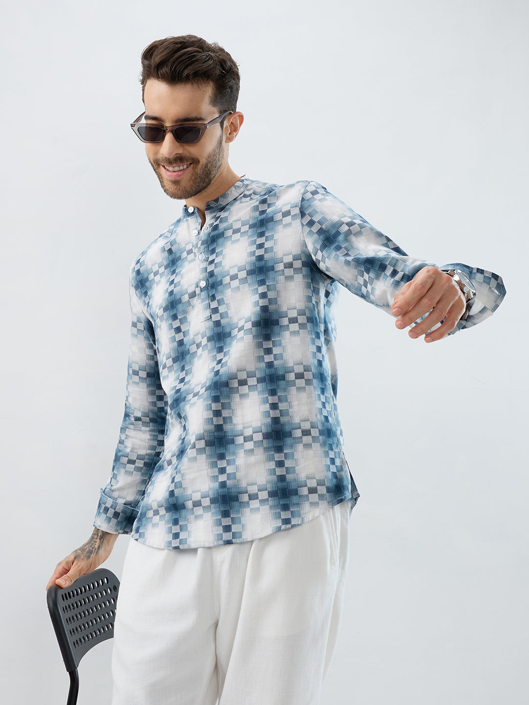 Teal Pixel Block Checks Kurta