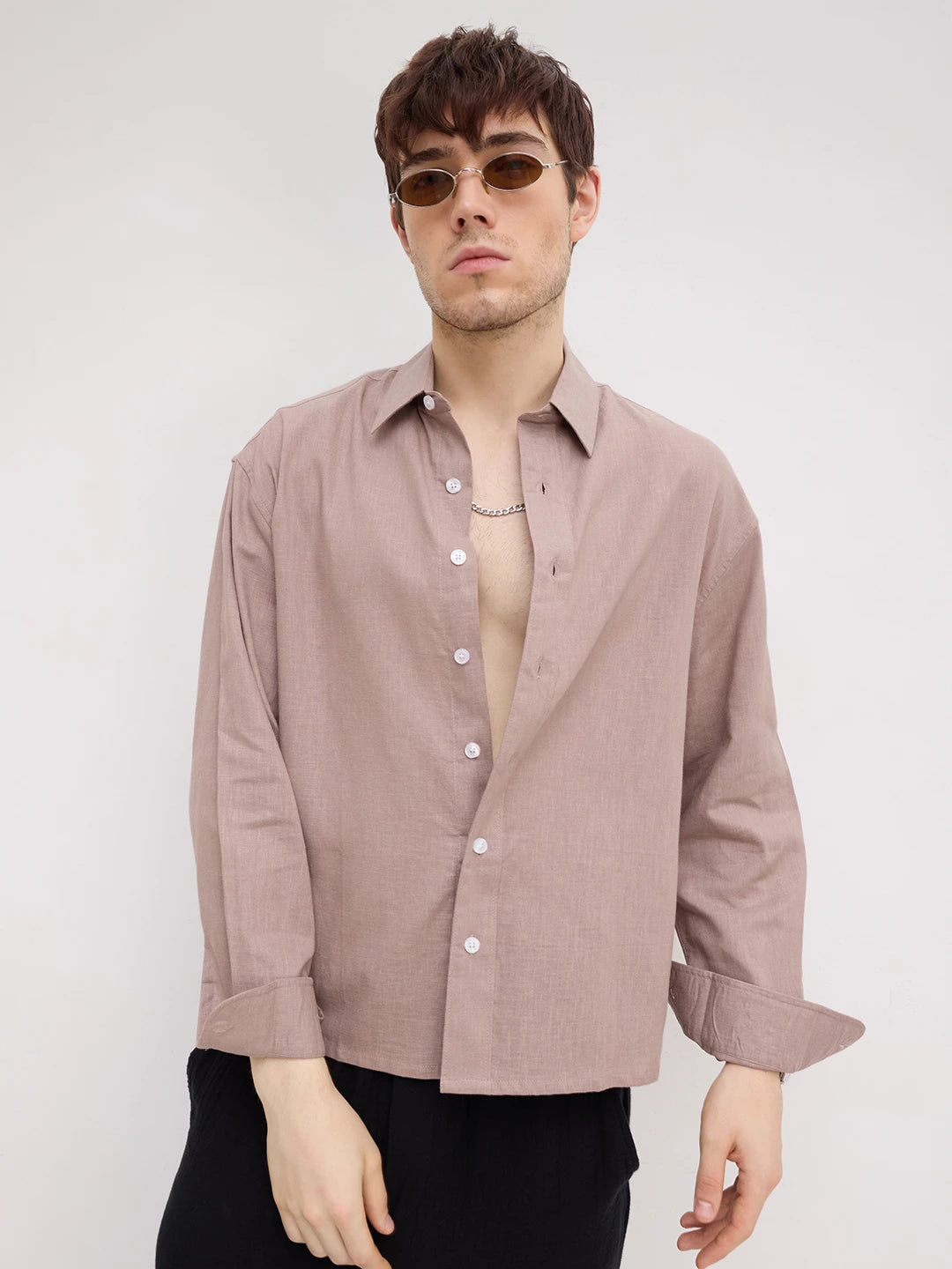 Classic Soft Khaki Fine Textured Boxy Fit Crop Shirt