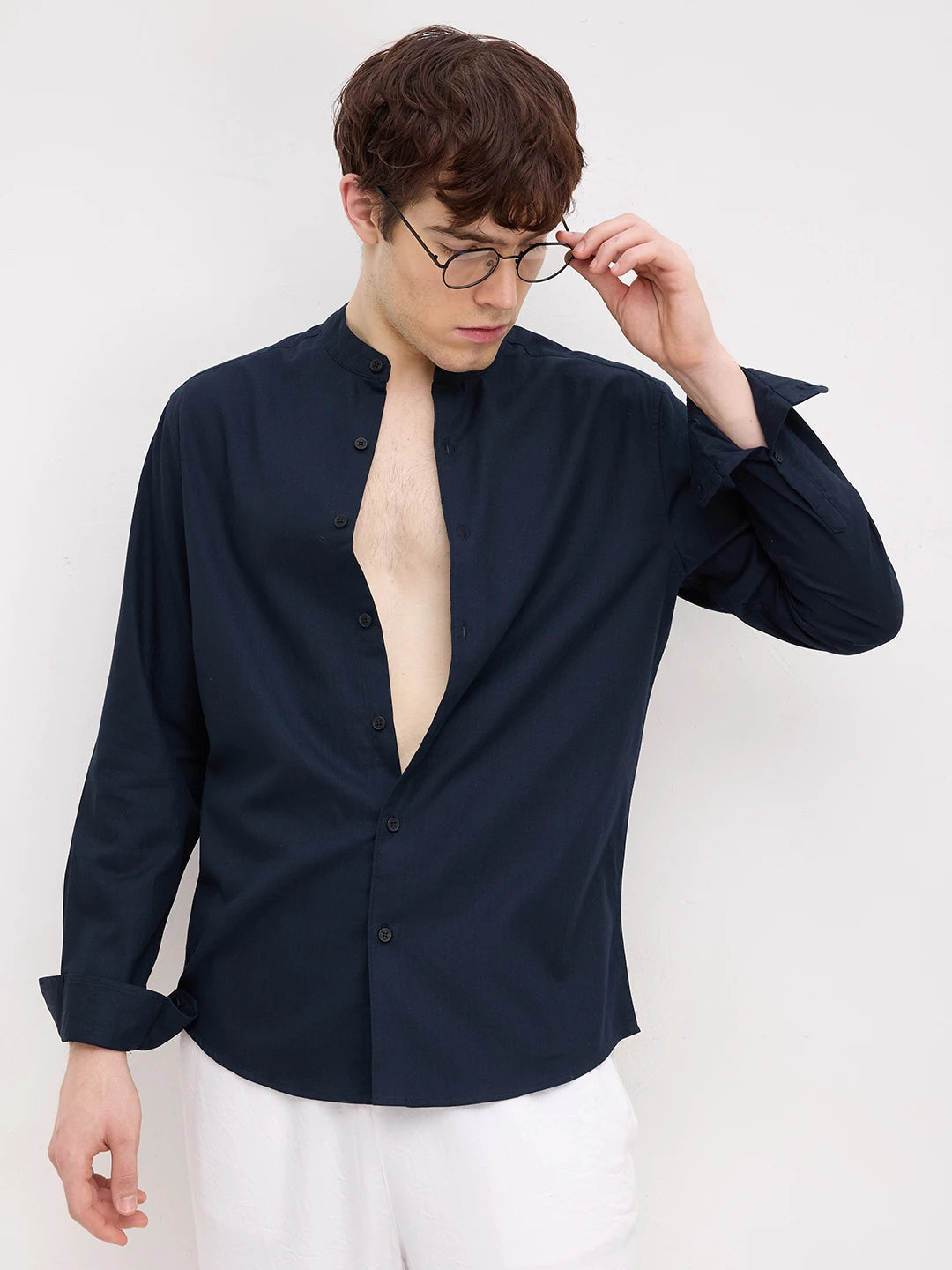 Classic Navy Herringbone Textured Mandarin Shirt