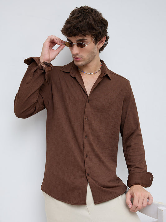 Rich Cocoa Knitted Textured Relaxed Shirt