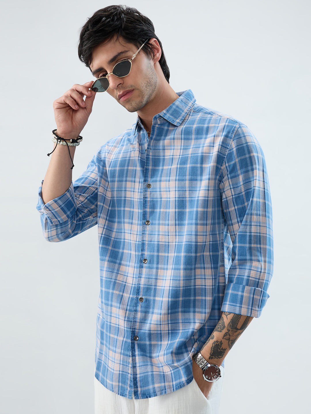 Denim Blue & Peach Plaid Checks Shirt