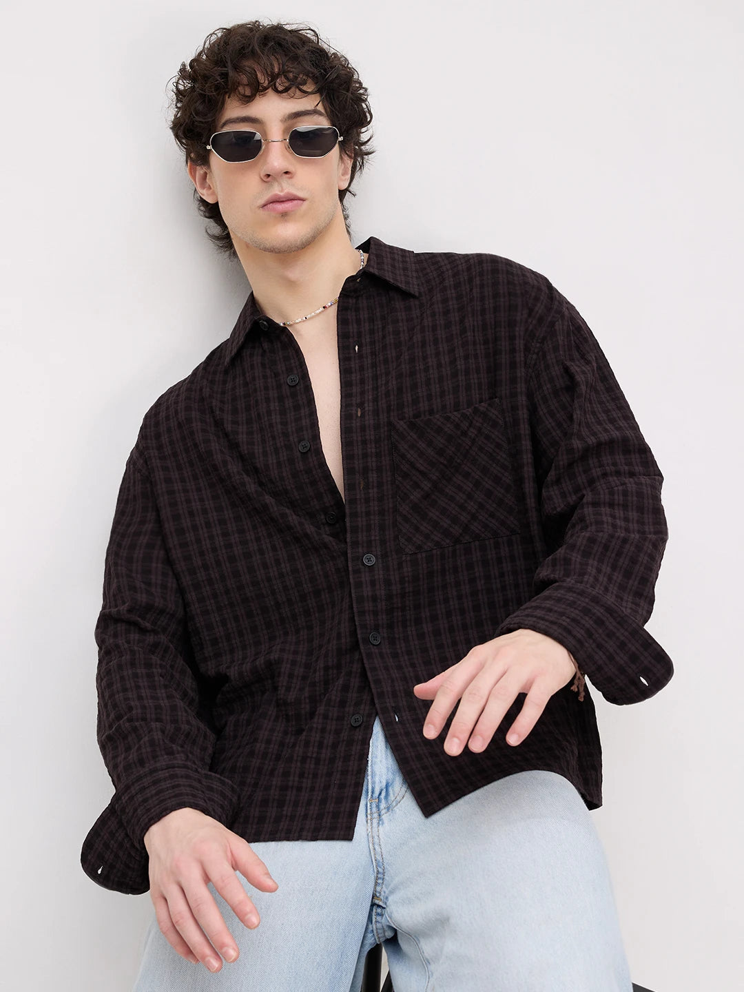 Rick Black Plaid Checks Boxy Fit Crop Shirt
