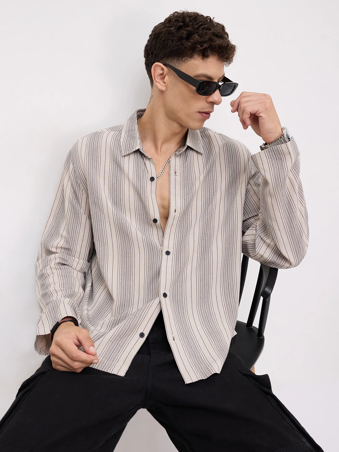 Soft Taupe Beige Striped Cuffless Oversized Shirt